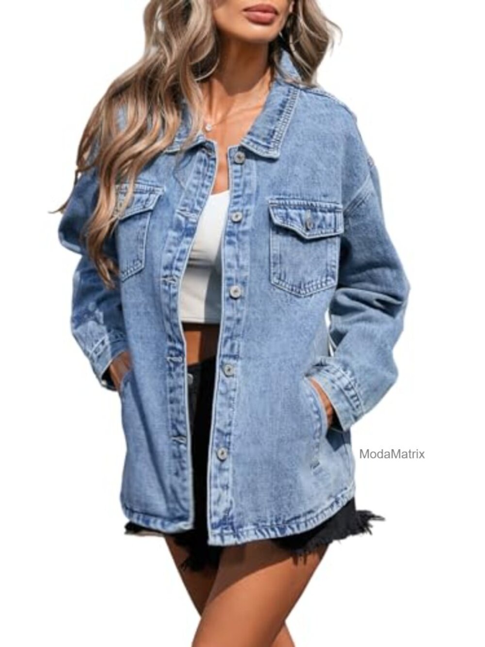 Womens Loose Fit Cotton Denim Shacket Button Down Jean Jacket